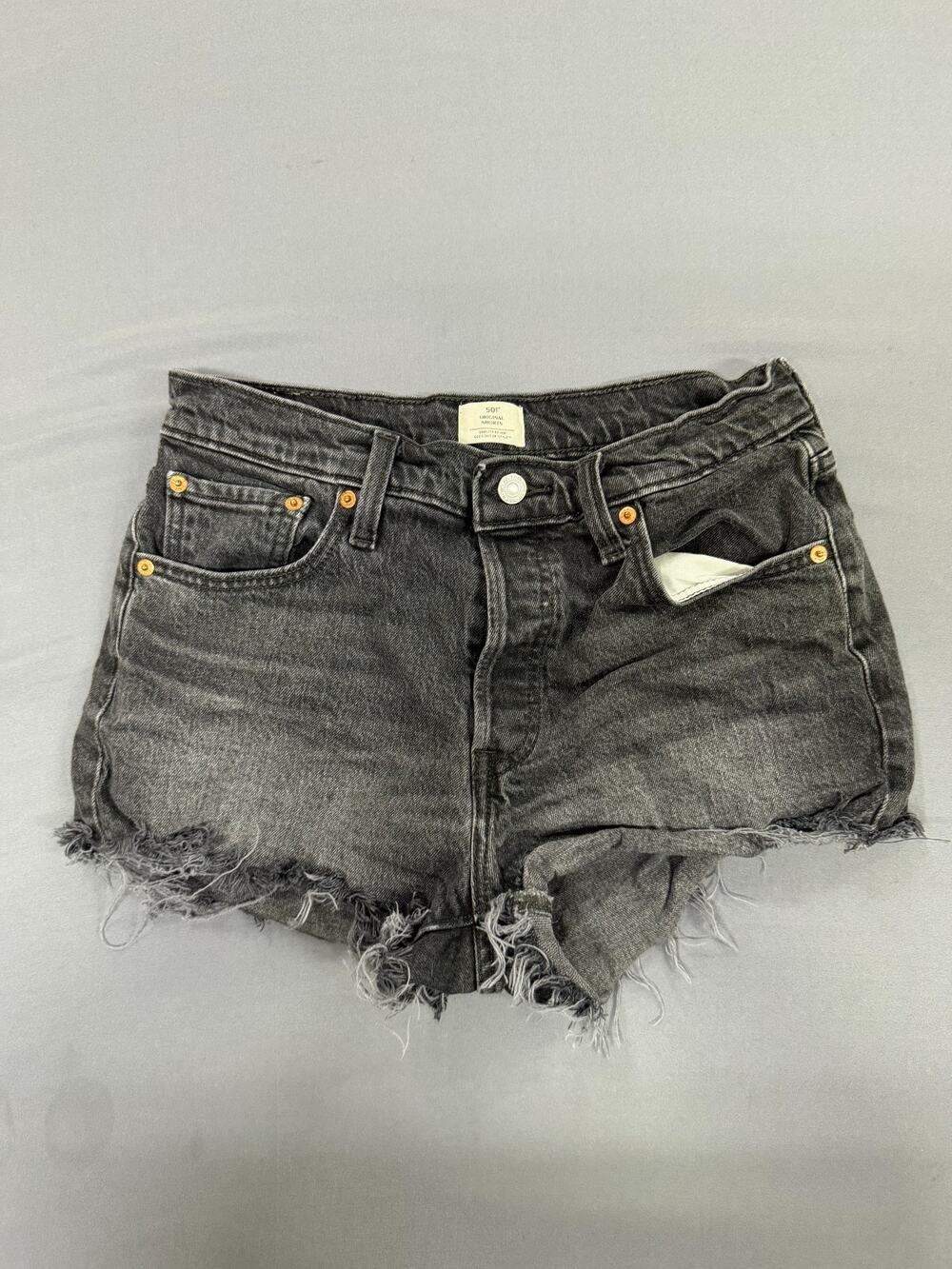 Levi's 501 Original Shorts Womens 28 Washed Black High Rise Distressed Denim Cut
